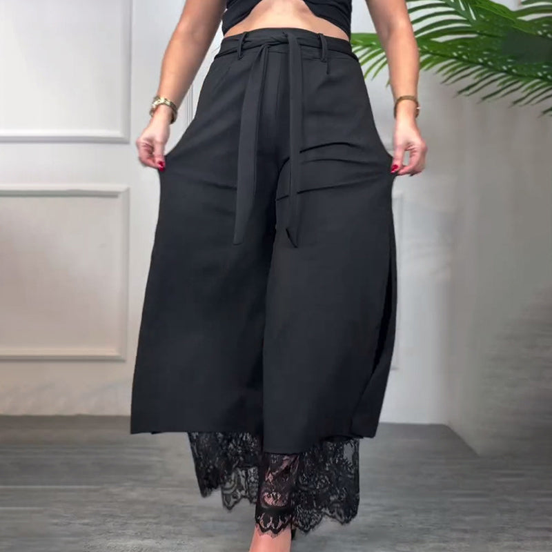 ALICJAN - Zwiewne spodnie z szerokimi nogawkami i koronką